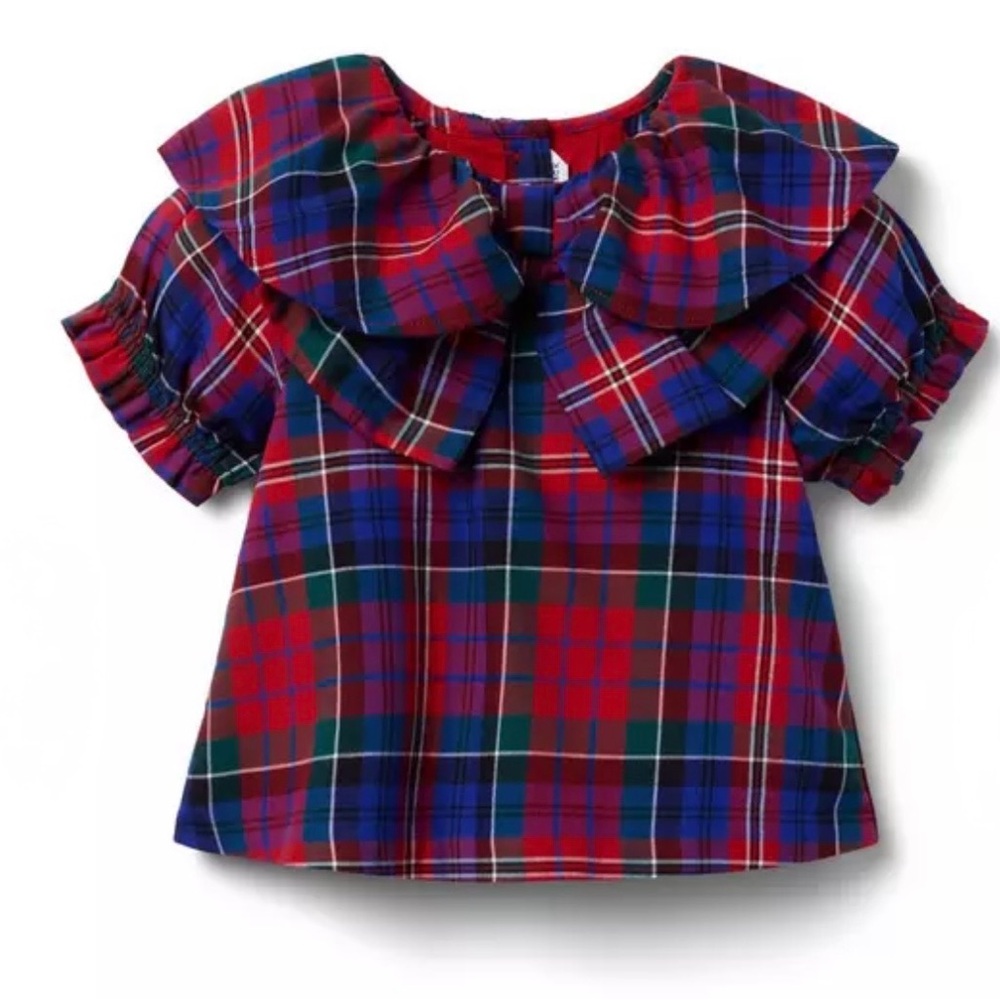 Janie and Jack Red Tartan Plaid Collar Bow Top with Ruffles. EUC. Size 6